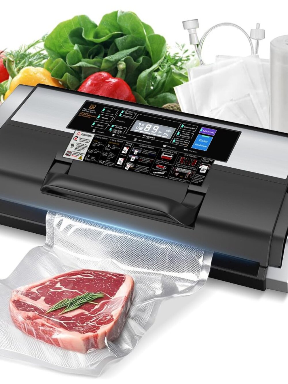 QKWXV 230W Commercial Vacuum Sealer Machine Double Heat Seal Black Silver